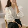Women's French Style Shirt with Lace and Lace V-neck Patchwork Ruffle Edge Loose Casual Bubble Sleeve Shirt