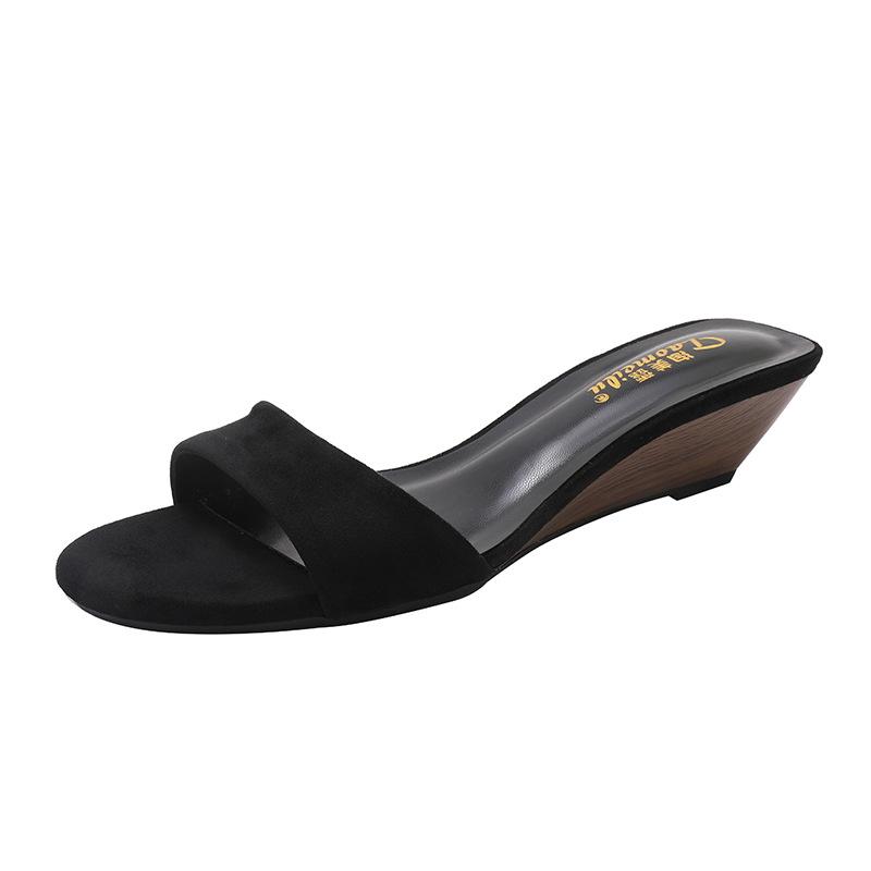 

French temperament sandals 2025 summer new one-word versatile simple exquisite fashion wedge slippers 34 чёрный