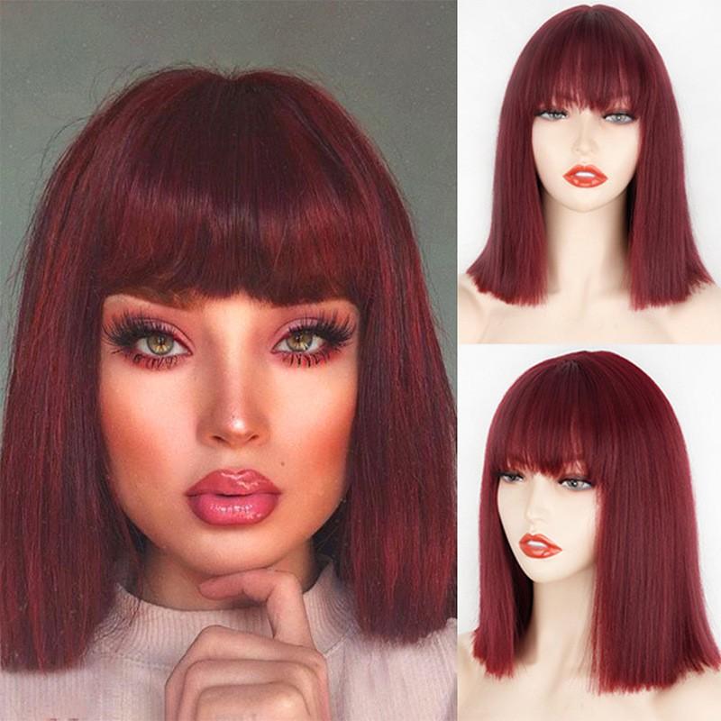 Short Bob Wig Women Shoulder-Length Straight Hair Bangs High-Temperature Fiber 14 Inch