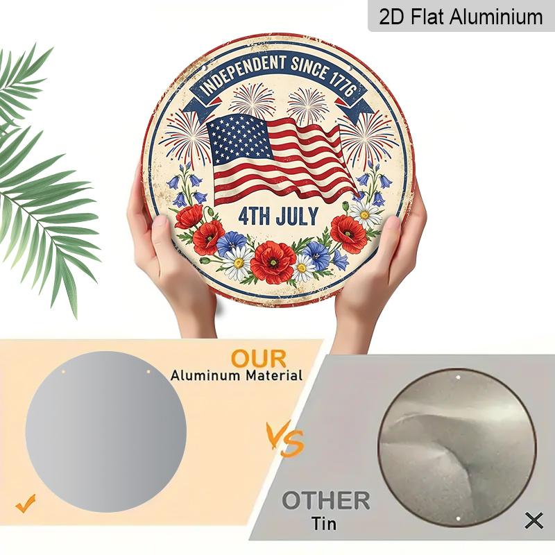 2D Flat, 1pc Classic 4Th July Independence Since 1776 Round Aluminum Metal Sign with American Flag Fireworks And Floral Wreath Wall Decor for