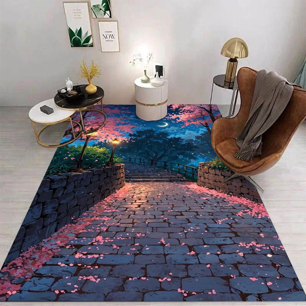 Japanese Cherry Blossom Night Scene Carpet Various Styles With Moon River Street Lamp Floral Patterns Rug For Living Room Decor