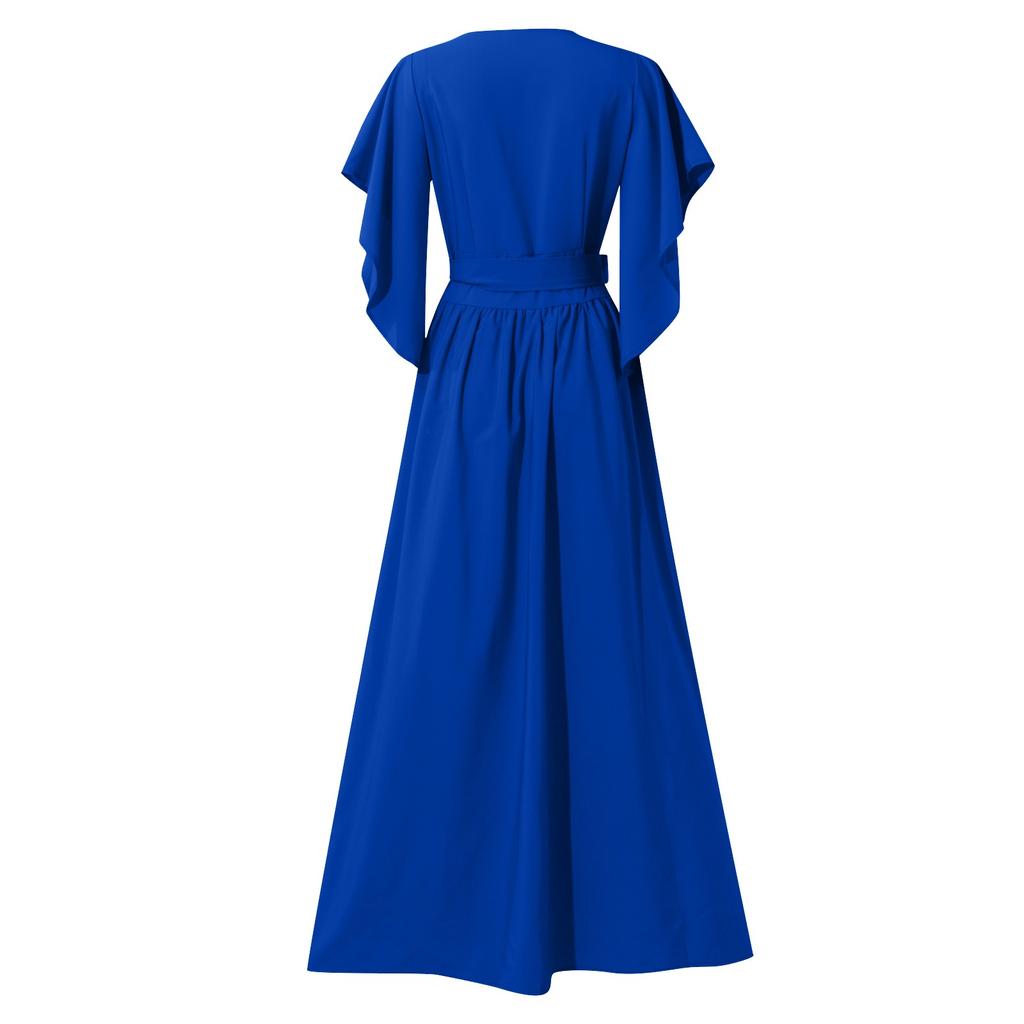 Women's Casual Color Irregular Flared Sleeves Loose V Neck Long Dress