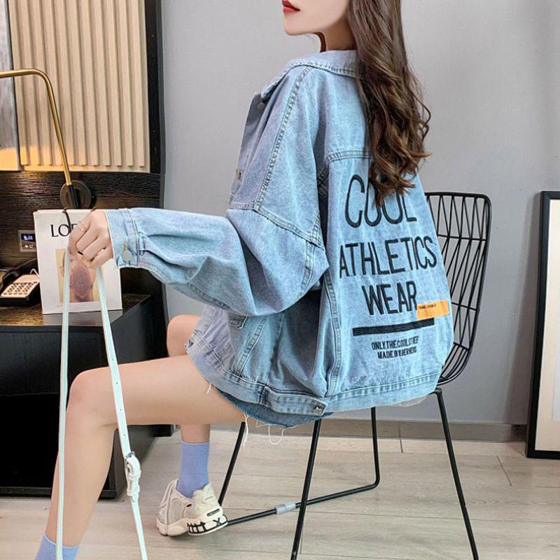 Denim Jackets Women Streetwear Oversized Jeans Coat Bf Korean Vintage Letter Embroidery Loose Casual All Match Outwear