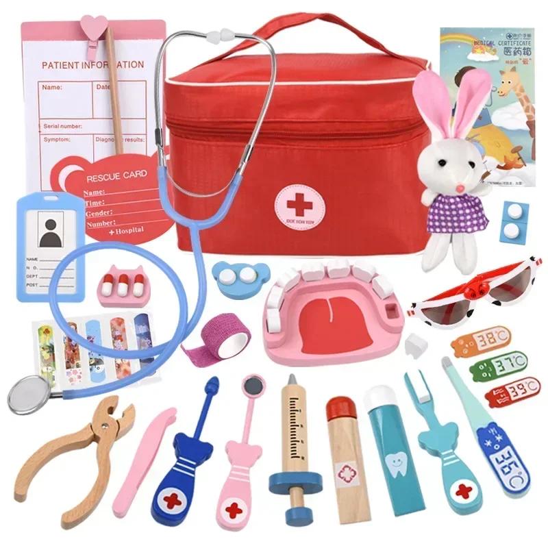 Doctor Toys for Children Set Kids Wooden Pretend Play Kit Games for Girls Boys Red Medical Dentist Medicine Box Cloth Bags Gifts