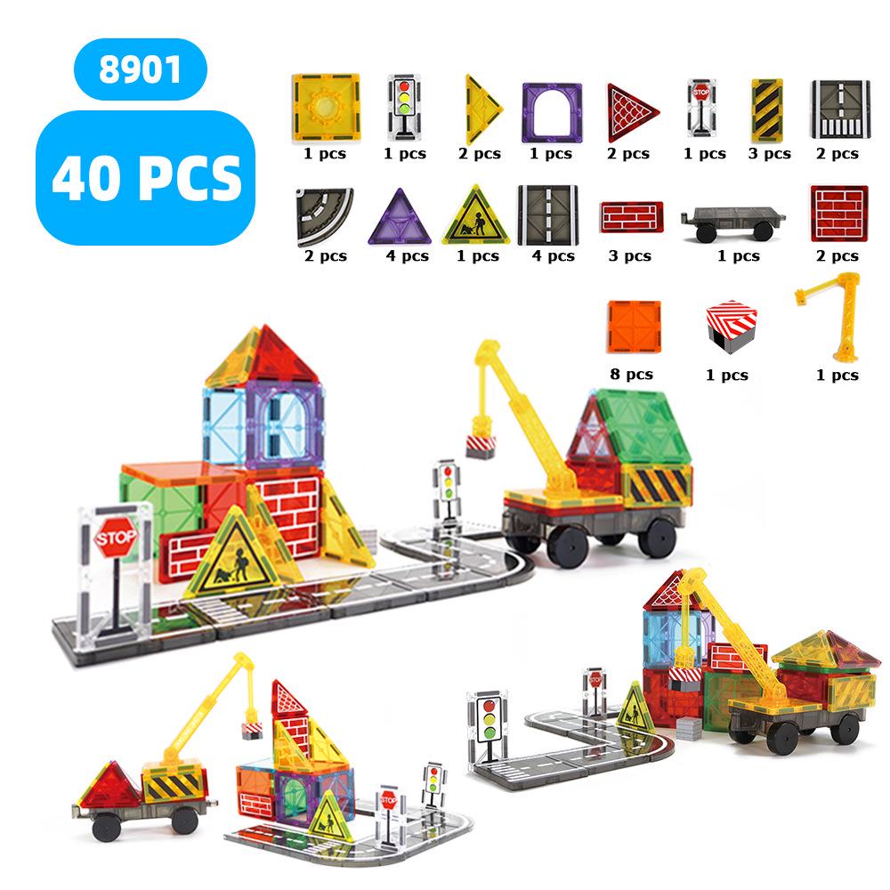 Yuelebo Magnetic Building Blocks: City Traffic & Architecture Set with Crane and Stained Glass Tiles
