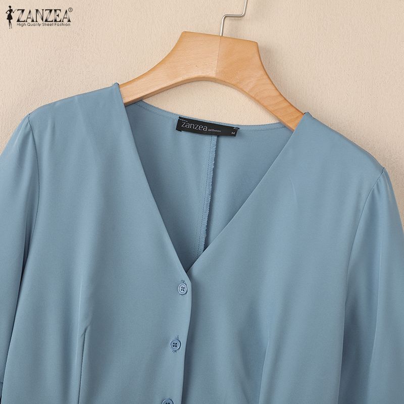 ZANZEA Women Casual V-Neck Solid Color 3/4 Sleeve Pleated Dress