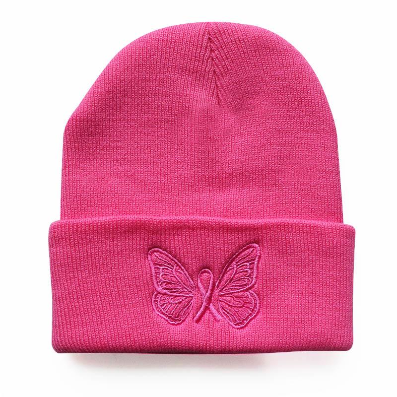 New autumn and winter trendy pink cute butterfly embroidered knitted hat for men and women, warm pullover student beanie