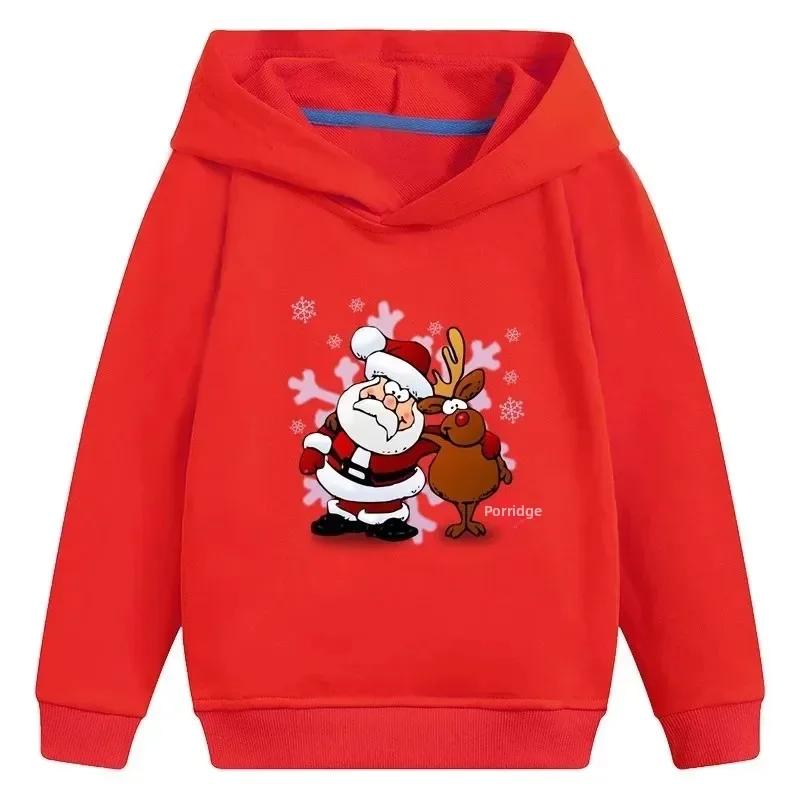Children's Autumn and Winter Santa Claus Hooded Sweatshirt with Printed Design, Casual and Fashionable Pullover for Young Girls, Christmas Themed Top