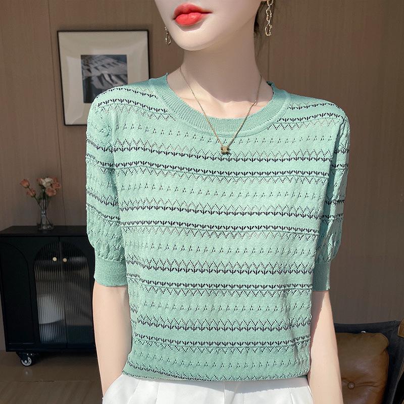 Damen Eisseide Colorblock Strick-T-Shirt - Kurzarm, Rundhalsausschnitt, Sommermode