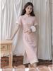 Pink Beaded Embroidered Slim-Fit Cheongsam with Press-Stud Closure