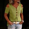 Damen V-Ausschnitt Leinen Baumwolle Knopfleiste Kurzarm Cold Shoulder Bluse Lockere Passform Lässiges Oberteil für den täglichen Gebrauch im Büro