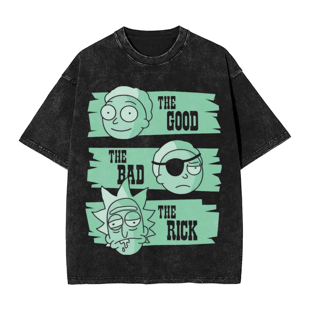 R-Rick and M-Morty Vintage Washed T-Shirt Men Polyester Clothing Kawaii Adventure Crewneck Short Sleeve