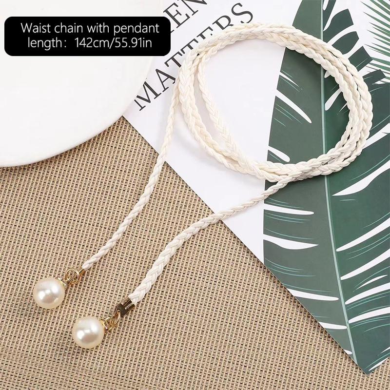 Retro Pu Braided Pearl Belt Waist Chain Versatile Women Leather Rope Waistband Waist Rope Jeans Dresses Clothing Accessories