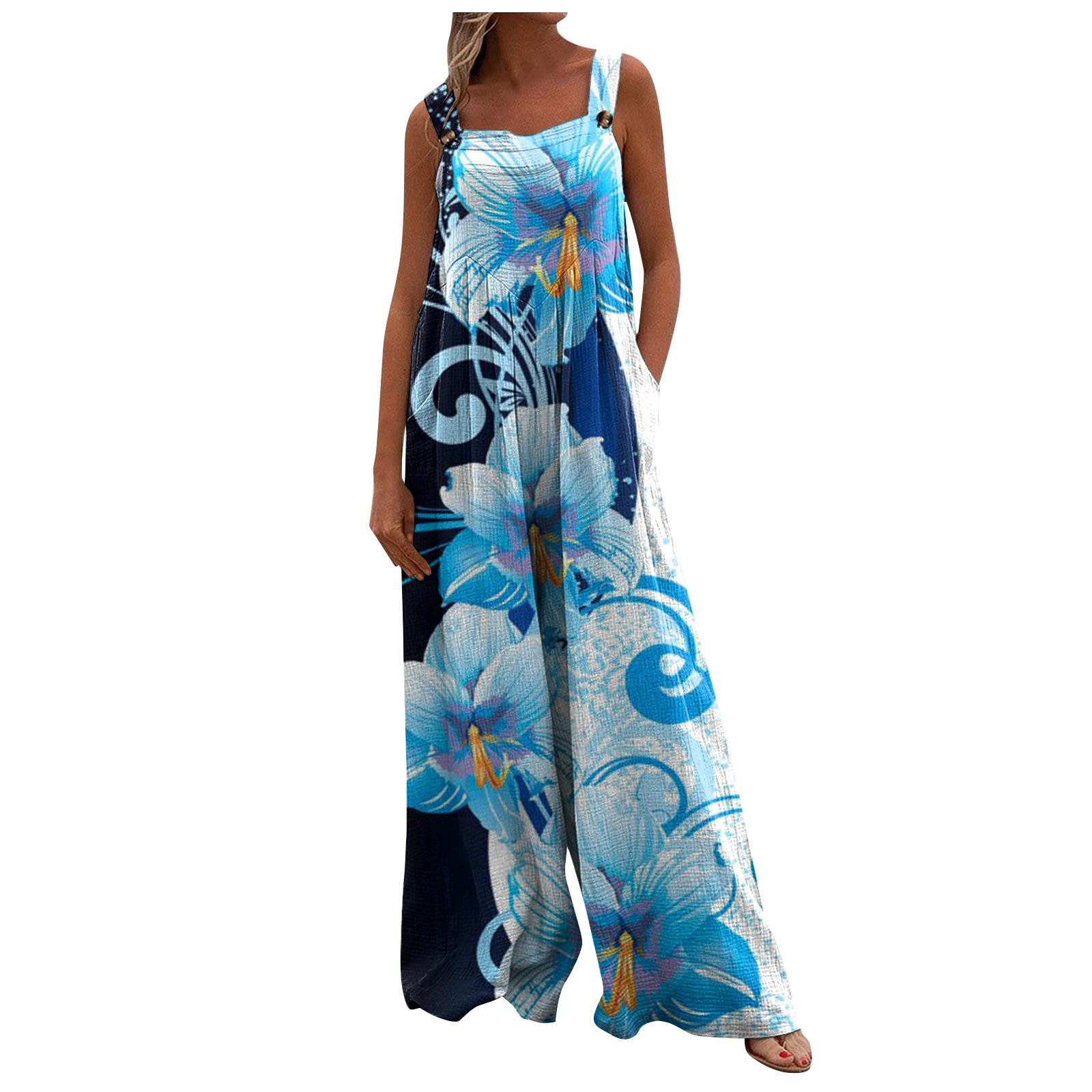 

Жіночий повсякденний вільний безрукавковий комбінезон без рукавів із квадратним вирізом і широкими штанинами з кишенями L синій