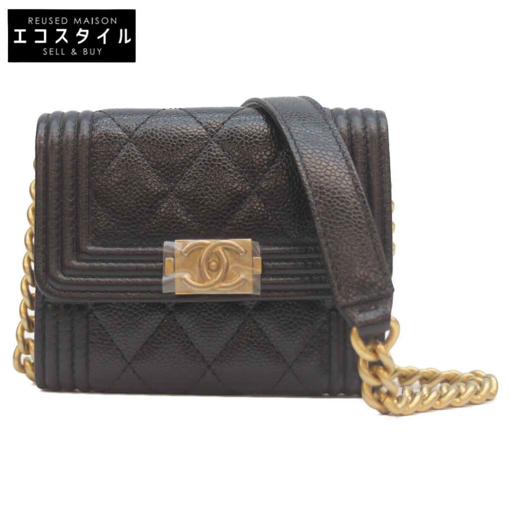 Chanel AP2206 Black Caviar GHardware Boi Chanel Compact Chain Wallet Shoulder Bag blackUsed