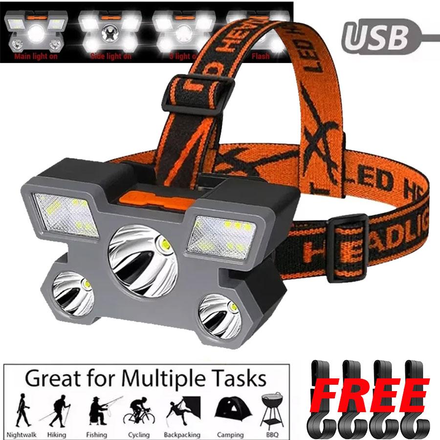 Powerful USB Rechargeable Head Flashlight for Fishing Led Headlamp 5LED Camping Headlights Hunting Torch Hiking Front Lanterns