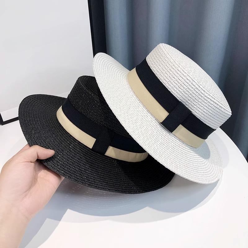 Braided Flat Top Straw Hat - UV Protection, Summer Vacation Style with Letter Logo for Men and Women
