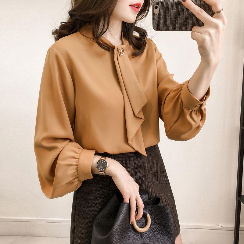 Women's Plus Size Autumn Lantern Sleeve Chiffon Shirt - Solid Color, Loose Fit, Long Sleeve, Korean Style