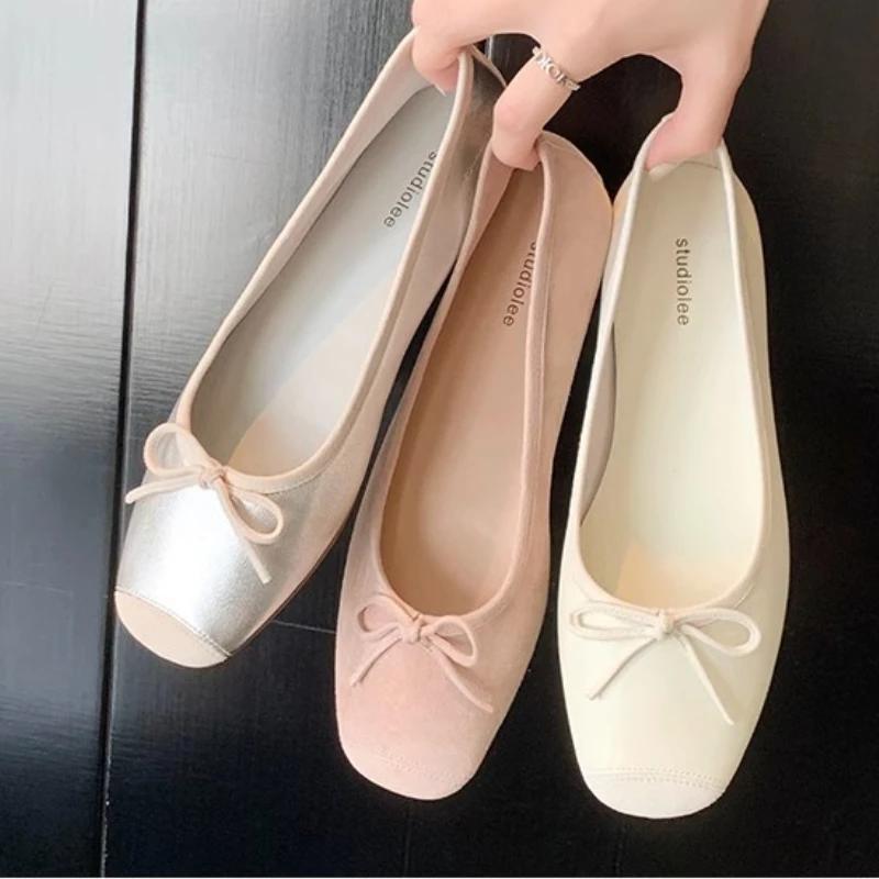 Fashion Square Ballet Shoes Women's 2024 New Sweet Flat Soft Bottom French Retro Genuine Leather Shallow Mouth Shoes Zapatillas Mujer