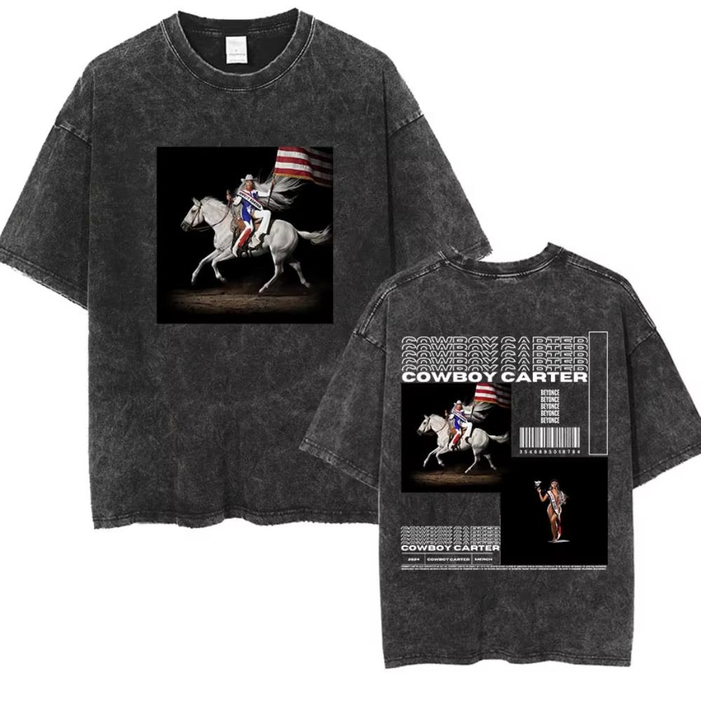 Cowboy Carter Beyonce Tour Vintage Washed T Shirts Men Women Hip Hop Harajuku Oversized Tshirt Summer Clothing Cotton Tees