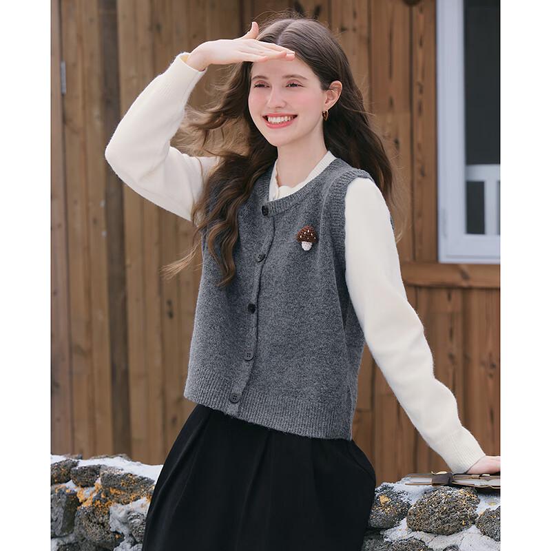 Betu Women's Plush Faux Two-Piece Sweater Top with Mushroom Brooch