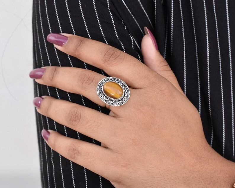 

Brown Tiger Eye oval Gemstone Boho Designer Women Handmade Ring 925 Sterling Silver Ring Statement Jewelry Gift For Her 11