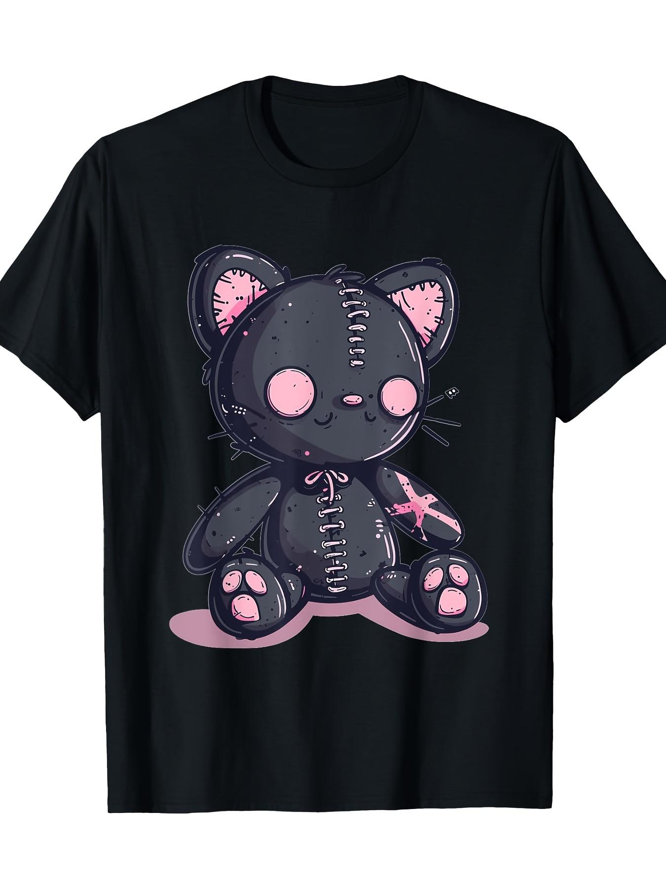 

Женская и мужская готическая кавайная футболка с кошкой-куклой вуду, милая хоррор-черная футболка, повседневная свободная посадка, забавная модная футболка|Футболка в готическом стиле 4XL