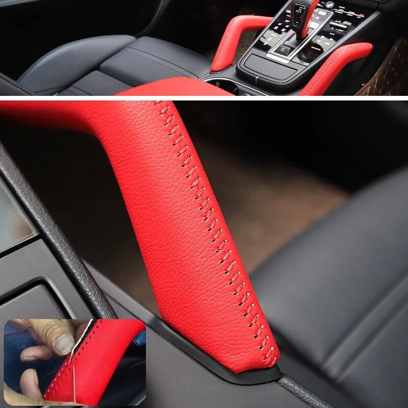 Cow Leather Door Handle Cover For Porsche Cayenne 2011 - 2016 2pcs Car Hand Sewing Door / Center Console Armrest Handle Cover