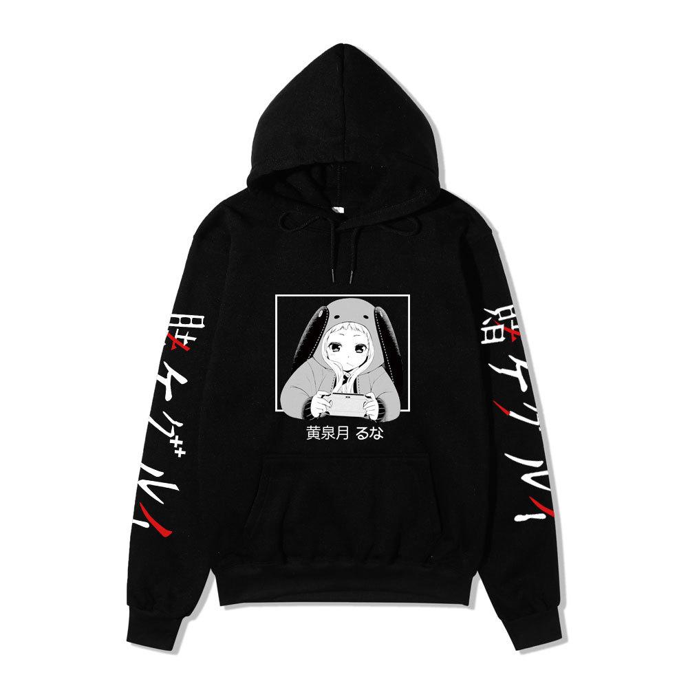 Kakegurui Runa Yomozuki Hoodie Unisex Fleece Sweatshirt Black White Anime Portrait Japanese Text Sleeve Autumn Winter Pullover