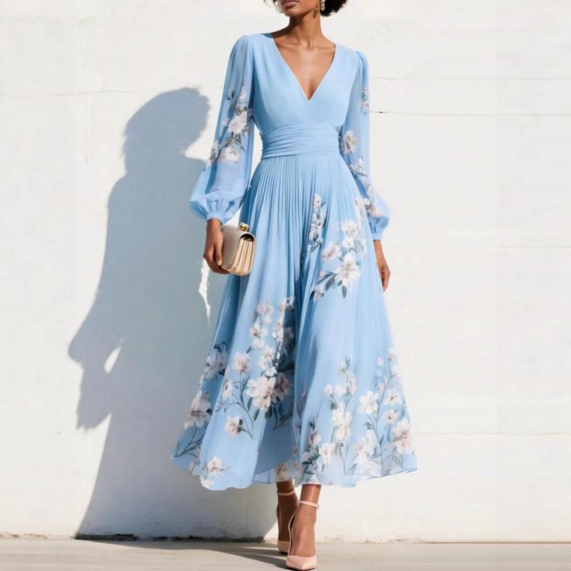 European and American women's clothing new digital printing flower V-neck pleated long-sleeved dress women