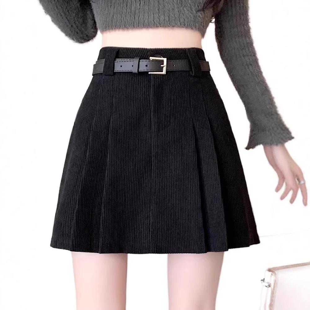 Ladies' High-Waist Corduroy A-Line Skirt – Autumn/Winter 2024 Collection, Slimming Petite Pleated Design