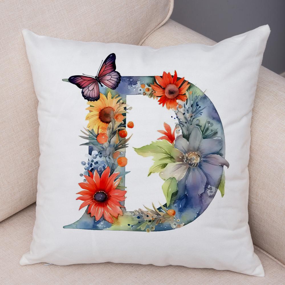Floral Letter J Pillowcase Double Print Watercolor Letter U Cushion Cover Soft Plush Flower Letter D Pillowcase for Sofa Home