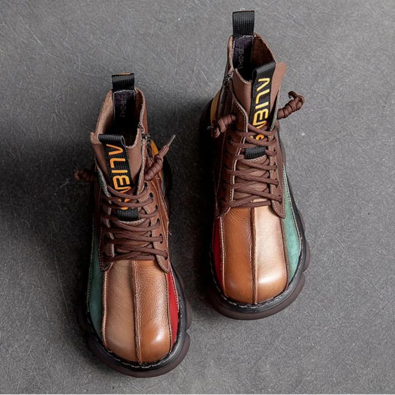 Toamnă Nou Cizme Scurte de Damă cu Șireturi Talpă Groasă Piele la Modă Color Blocking Cizme Martin