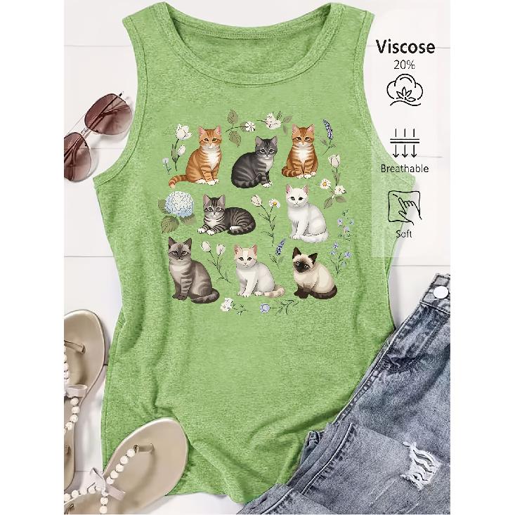 Elegant Vest for Women Multi-pattern cat and floral print casual loose summer tank top Fashionable and soothing cute pet-themed tops for commuting,