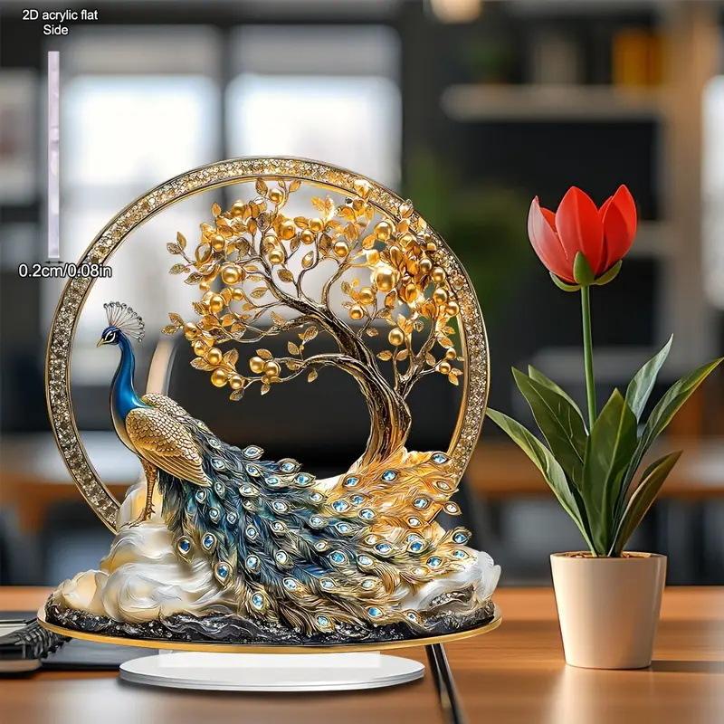 2D Flat Acrylic Peacock and Gold Tree Decoration, Indoor and Outdoor Decoration - No Battery/electricity Required, Free Day Decoration,