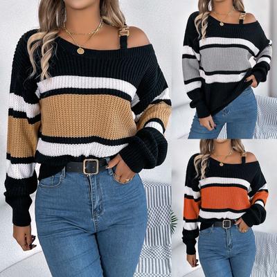 Herbst und Winter Damen Casual Kontraststreifen Laternenärmel Metallknöpfe Schulterfreier Pullover