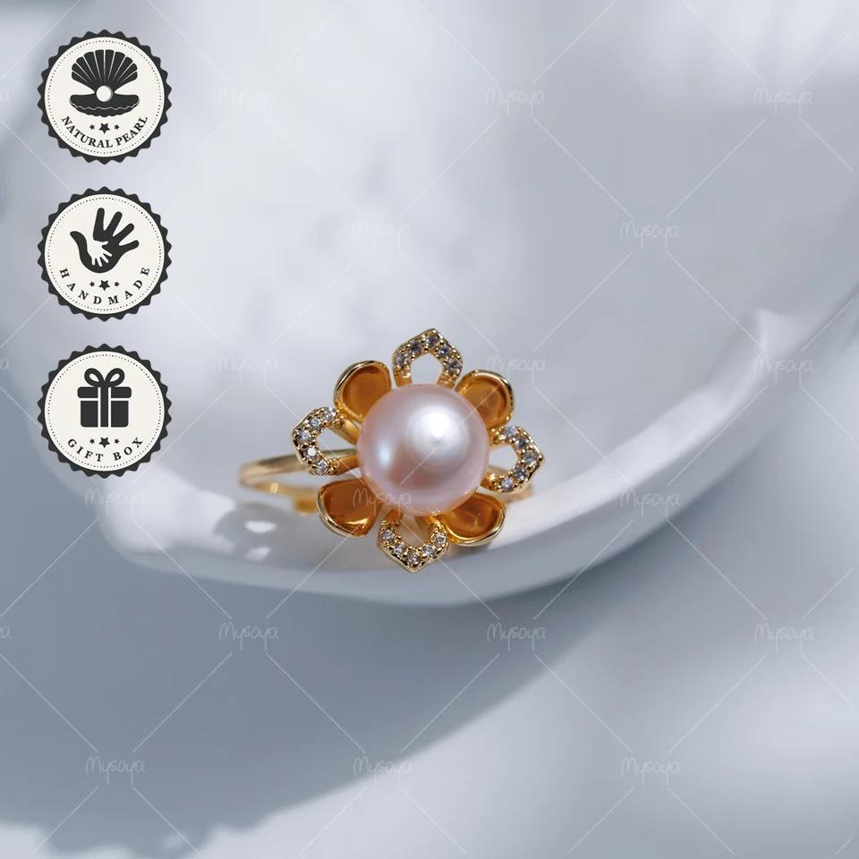 MYSOYA Adjustable Gold Flower Ring with 8-9mm White Freshwater Pearl (C484) US Size золотой