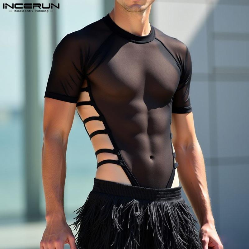 INCERUN Men Short Sleeve O Neck Side Bandage Mesh Sheer Leotard Jumpsuits Underwear S