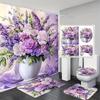 4Pcs Elegant Purple Floral Shower Curtain Set with Non-Slip Bath Mat, Toilet Lid Cover, Contour Rug & 12 Hooks, Bathroom Decor