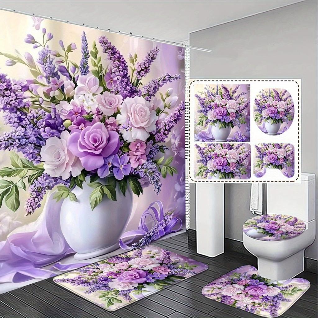 4Pcs Elegant Purple Floral Shower Curtain Set with Non-Slip Bath Mat, Toilet Lid Cover, Contour Rug & 12 Hooks, Bathroom Decor