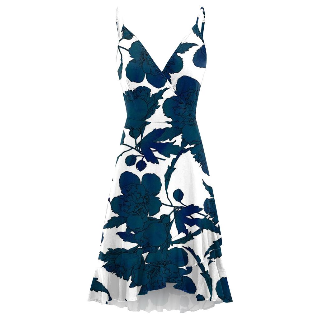 Women Summer Wrap V Neck Adjustable Spaghetti Straps Chest Pleats Casual Ruffle Dress Summer Beach Knee Length Dress Open Back Off Shoulder Dress