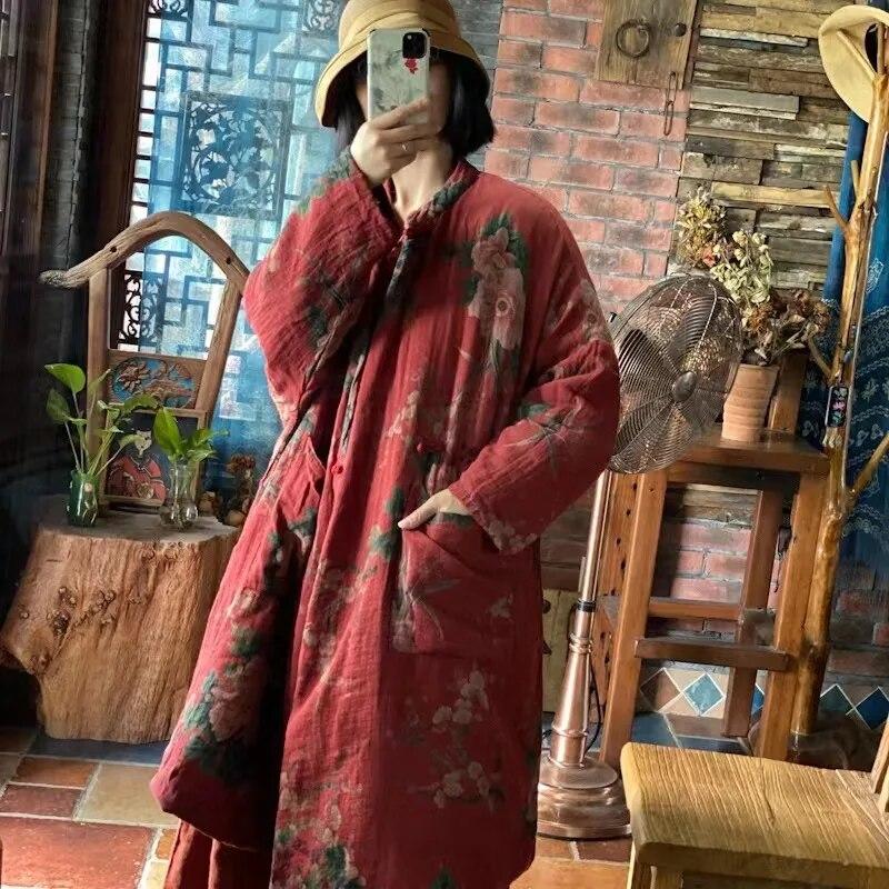 Johnature Paltoane vintage pentru femei cu imprimeu din in stil chinezesc de primăvară cu mâneci întregi largi retro, cu gâtul în formă de bumbac, parkas calde