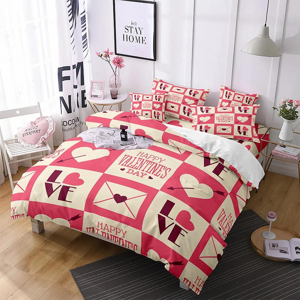 Comforter Lips Polyester Red Heart Valentine'S Day Present For Couple Wife King Queen Size Bedding Set With