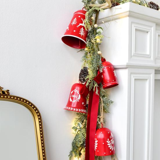 2 Pcs Red Christmas Bells Ornament Vintage Rustic Hanging Bell with Snowflake Reindeer Tree Pattern Handmade Lucky Bell for Home Tree Decor