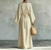 Women Beige Long Sleeve Plunge Neck Tie Waist Maxi Dress Casual Loose Cover Up