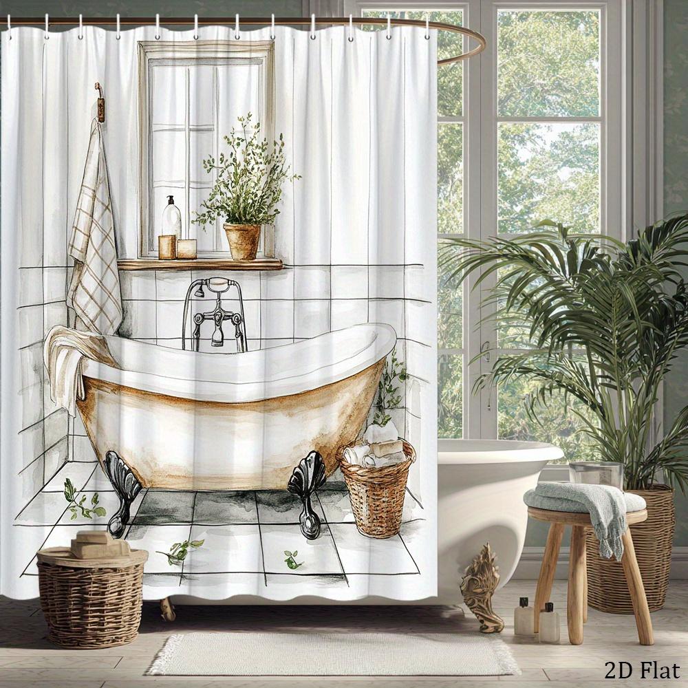 Rustikaler Duschvorhang für Badewanne Vintage-Klauefußwanne und Fliesendesign Polyester-Badvorhang mit 12 Haken für gemütliche Dekoration