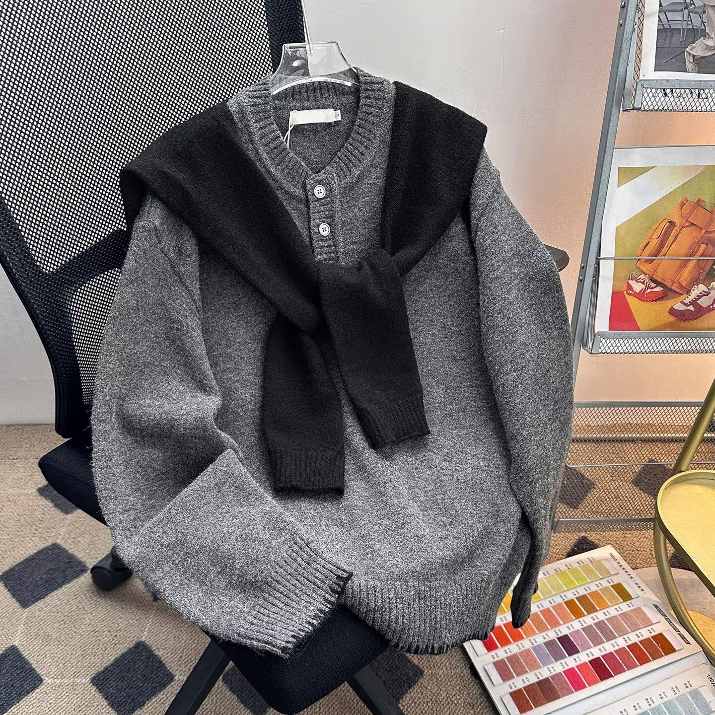 

Korean High-End Two-Piece Illusion Loose Shawl Sweater - Long-Sleeved Pullover with Round Neck Design XL темно-сірий