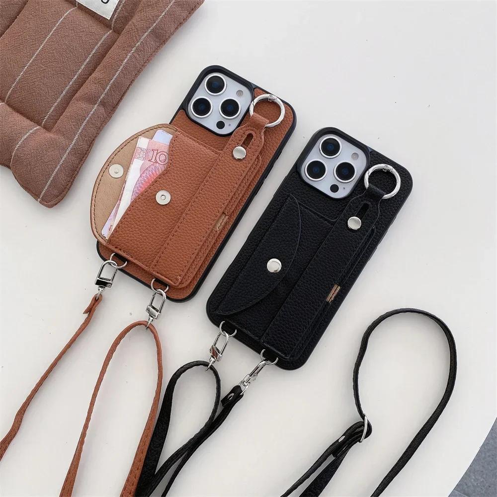 Crossbody Wrist Strap with Card Holder Phone Case for IPhone 16E 16 15 14 Plus 13 12 11 8 7 Pro Max XS Leather Ring Stand Cover