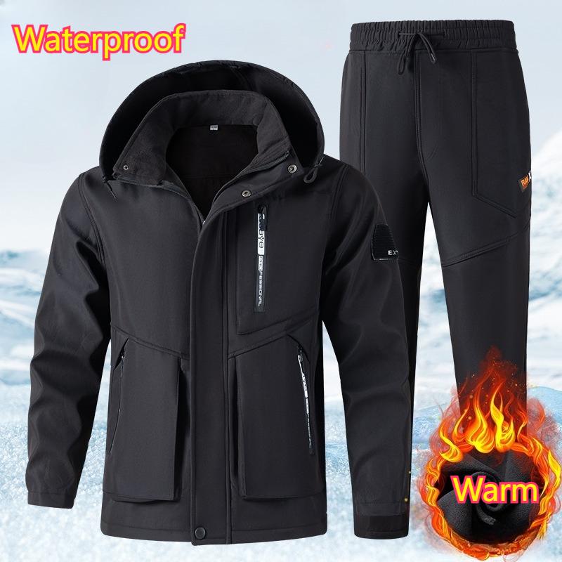 Autumn Workmanship Suit Men's Plus Velvet Thickened Windproof Waterproof and Warm Outdoor  Mountaineering Suit Casual 2-piece Suit