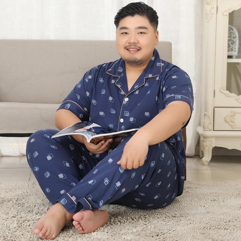 Mei Ji Yun Men's Cotton Lapel Pajama Set - Short Sleeve, Long Pants, Plus Size